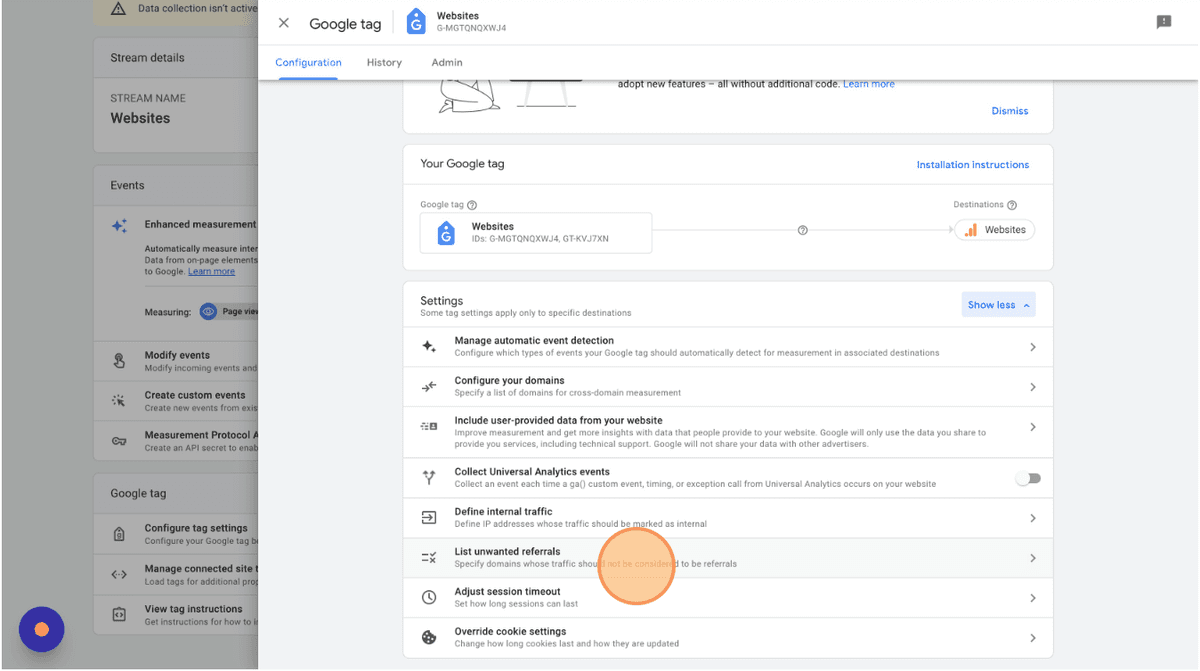 List unwanted referrals in Website Data Stream settings