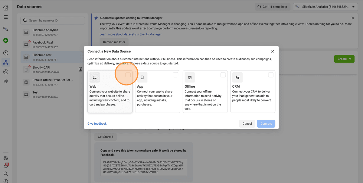 Selecting Web in Facebook Events Manager