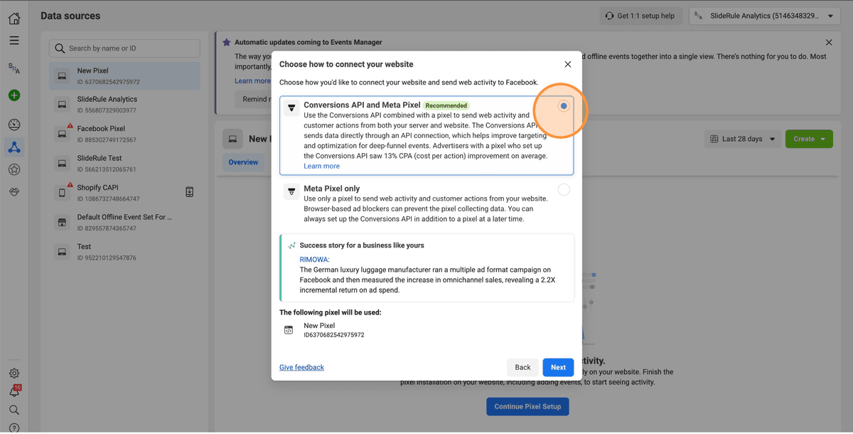 Selecting Conversion API and Meta Pixel