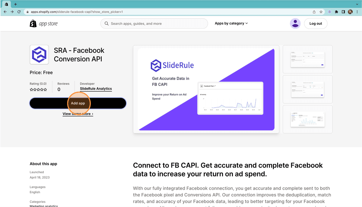 Add SlideRule Analytics FB Conversions API app