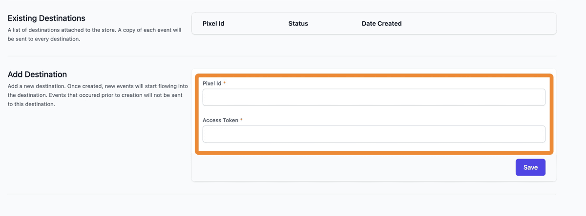 Facebook Pixel ID and Access Token entry