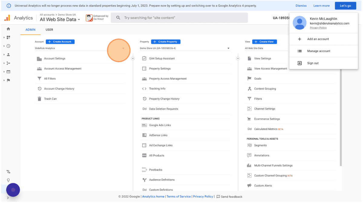 Selecting Google Analytics account