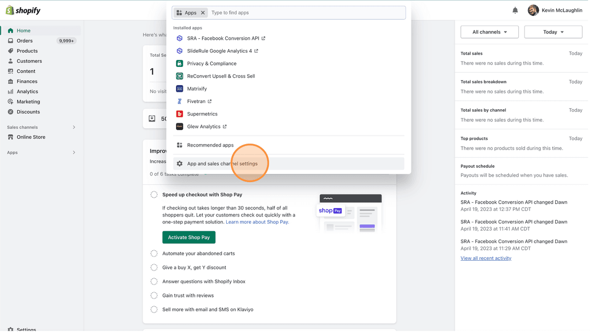 Apps and sales channel settings in Shopify