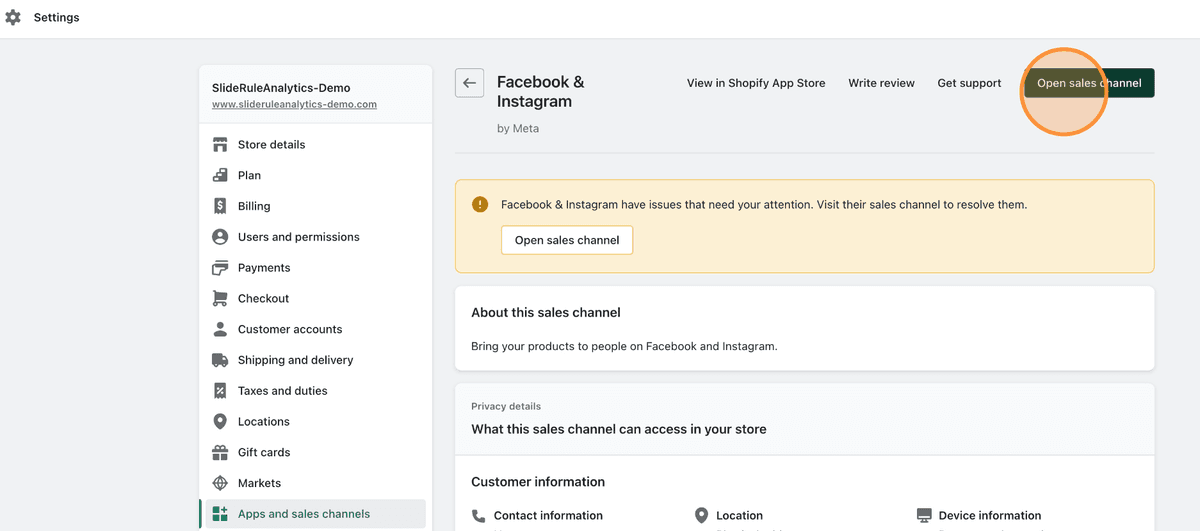 Open sales channel option for Facebook & Instagram