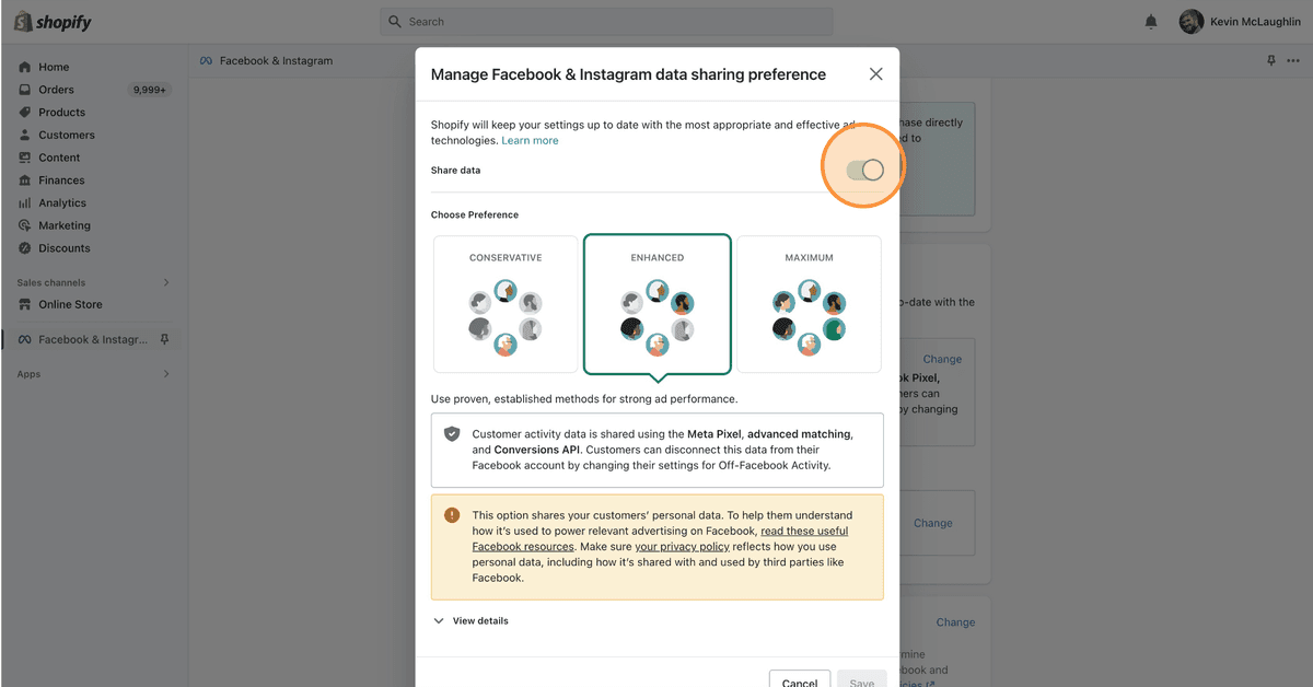 Toggle to turn off Share data in Facebook