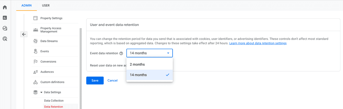 Data Retention Settings in Google Analytics 4