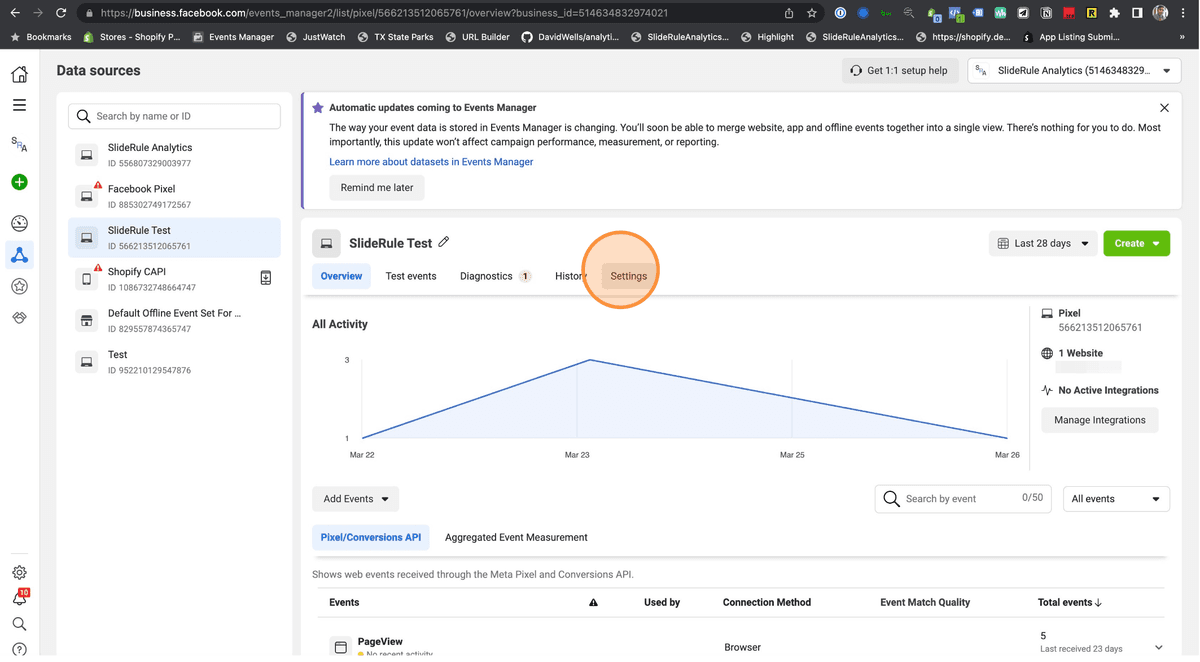 Clicking Settings in Facebook Events Manager