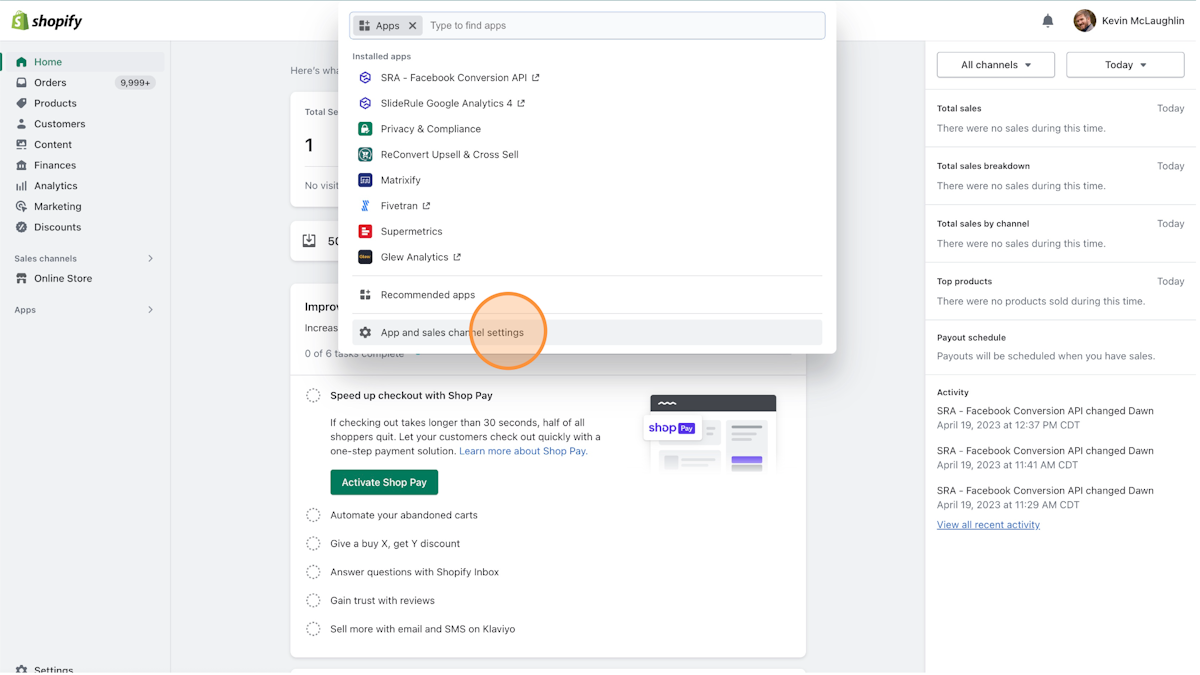 Apps and sales channel settings in Shopify